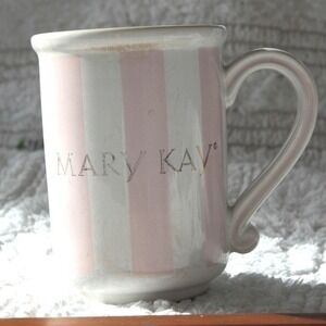 Mary Kay Pink White Stripe Ceramic Coffee Mug Cup Made in Thailand